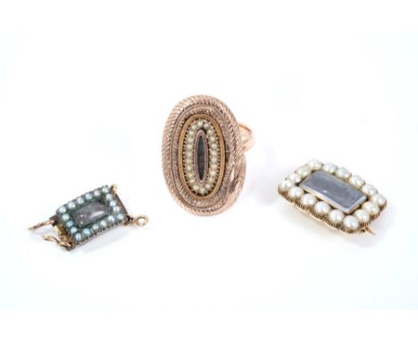 Georgian mourning brooch with uroboros border, with later Edwardian shank, together with a Georgian seed pearl mourning brooc