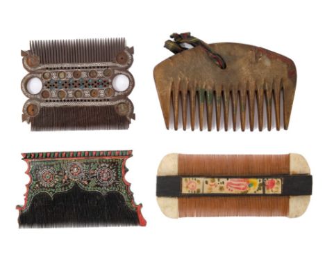 Three antique combs, comprising early crude tortoiseshell comb, 11cm wide, Indian painted lacquer comb, Eastern boxwood and b