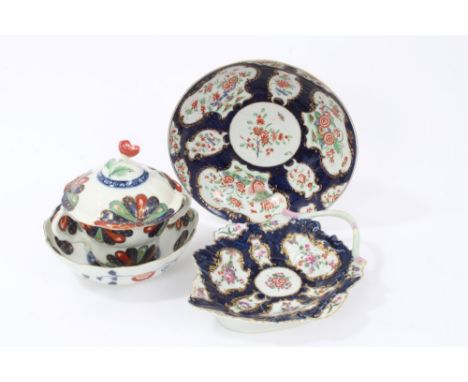 18th century Worcester porcelain, to include a two-handled cup, saucer and cover, circa 1765, decorated with the Fan pattern 