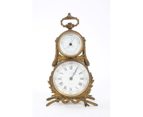 Victorian combination clock/barometer, in gilt brass case retailed by Loveday, Wakefield with aneroid barometer above timepie