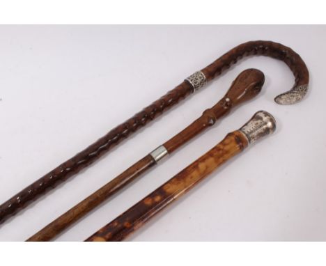 Unusual Victorian 'Congo cane ' and silver mounted walking stick, with crook handle and silver mounts engraved with initials 