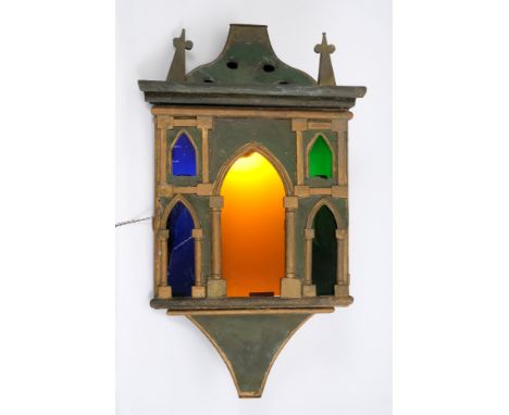 A rare Regency Gothic style tôle peinte corner wall cabinet, architectural form with finialled, turrets and gothic fascade in