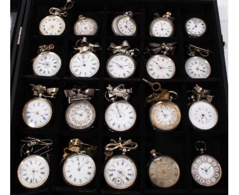 Collection twenty late 19th century Swiss ladies silver fob watches, some with decorative enamel dials and bow brooch suspend