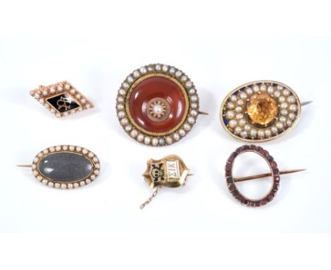 Group six antique brooches to include Georgian garnet oval brooch with flat cut foil backed garnets, gold 14ct enamelled skul