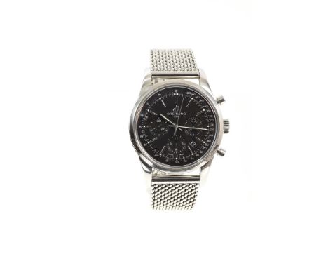 Gentlemen's Breitling Transocean Chronograph stainless steel wristwatch with automatic movement, the circular black dial with