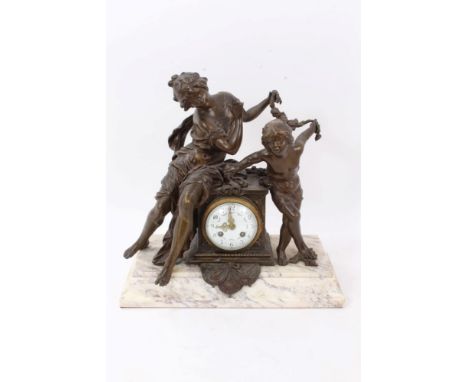 Late 19th / early 20th century mantel clock with French eight day movement, outside countwheel, striking on a bell, white ena