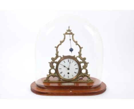 Unusual Victorian mantel clock with brass frame and unusual revolving pendulum ball with cylinder movement under glass dome, 