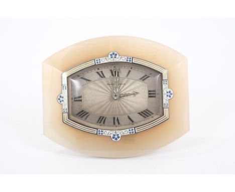 1920s Art Deco desk clock retailed by Mappin &amp; Webb with silvered engine turned dial with diamond set hands in silver and