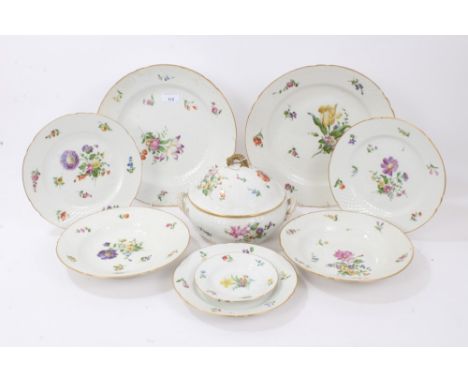 A Bing and Grondahl flower decorated dinner service, the borders with scale moulding and gilt rims comprising dinner plates, 