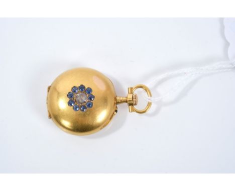 19th Century French ladies gold fob watch with diamond and sapphire set back, stem wind movement with enamel dial 25mm