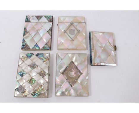 Five Victorian mother of pearl card cases of rectangular form, some with abalone shell decoration.