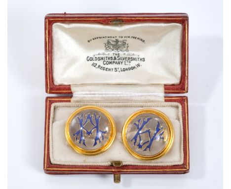 Pair Victorian Essex Crystal studs with blue enamel monogram in gold mounts, 20mm diameter, boxed