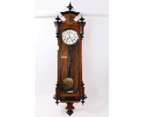19th century Vienna wall clock, with enamelled dial retailed by Sackmann, Stockholm in ebonised and kingwood case with twin b