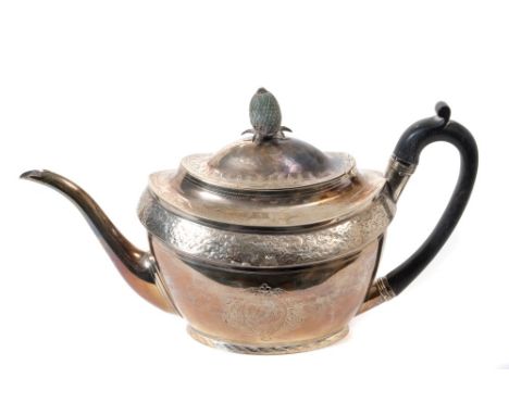 George III silver teapot of oval form, with foliate engraved border and initials, ebony loop handle and hinged domed cover, w