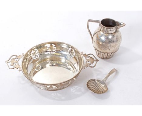 George III silver caddy spoon with shell bowl (London 1784) John Lambe, Victorian silver cream jug (London 1876) and a silver