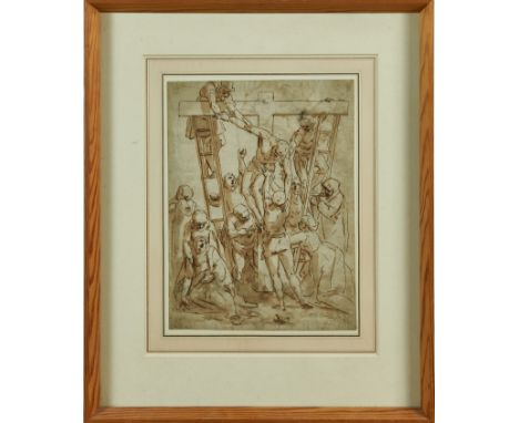 Continental School, 17th century Old Master pen and ink drawing on paper - Station of The Cross, in glazed frame, 33.5cm x 25