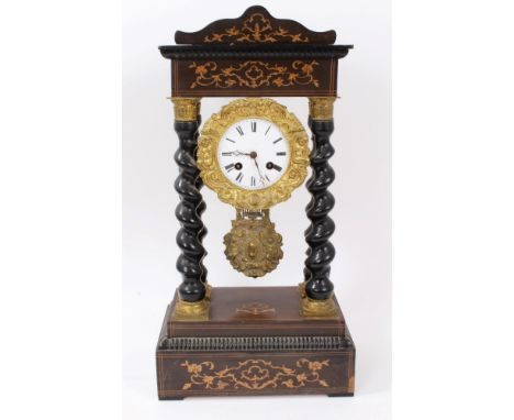 19th century Portico mantel clock with French eight day movement and outside countwheel striking on a bell, white enamel dial