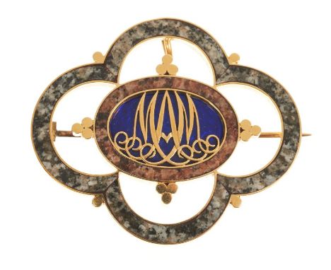 Victorian Scottish hard stone and enamel mourning brooch, the gold open work quatrefoil with central MAM monogram and glazed 