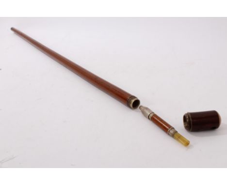 Rare early 20th century malacca pipe walking stick, the terminal unscrewing to reveal pipe with amber mouthpiece, 90cm long