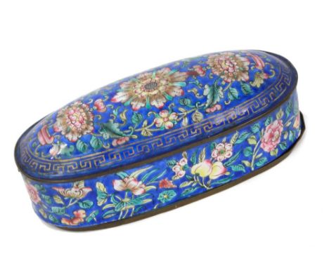 19th century Chinese oval Canton enamel box and cover of oval form with polychrome painted floral and fruit decoration 13cm l