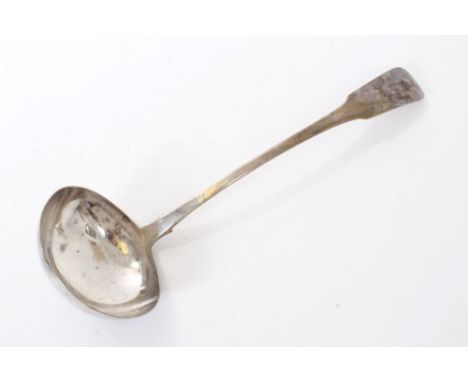 George IV Irish silver fiddle pattern soup ladle,with rattail bowl and engraved armorial crest and initial (Dublin 1821) Jame