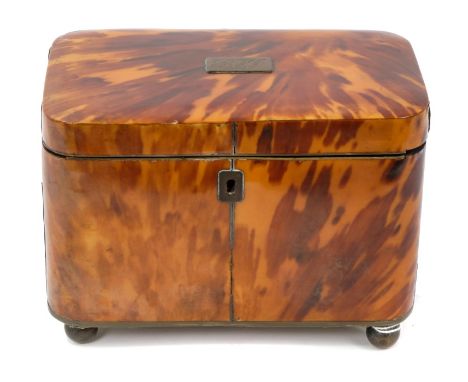 Regency blond tortoiseshell tea caddy of rectangular form with with two lidded compartments raised on silver plated ball feet
