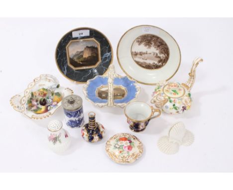 Collection of 18th and 19th century English porcelain, to include a Flight &amp; Barr saucer with painted landscape scene on 