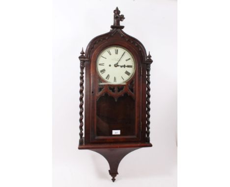 Victorian Gothic wall clock retailed by Pomeritt of Manchester with fusee movement in arched architectural mahogany case with