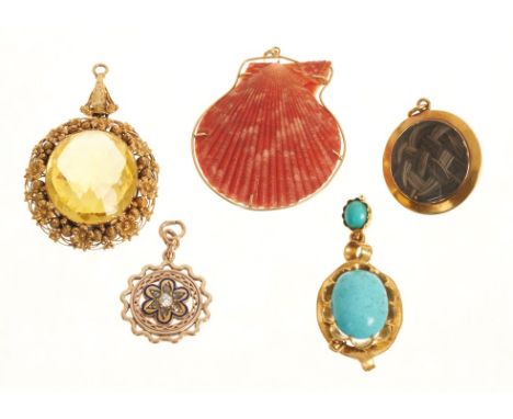 Group five antique gold mounted pendants to include Victorian gold almandine garnet and pearl pendant with glazed locket comp