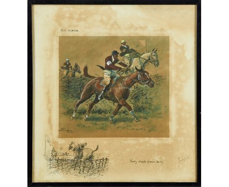 Snaffles, Charles Johnson Payne (1884-1967) signed print - Soldiers, with Snaffle blindstamp, in glazed frame, 40.5cm x 37.5c