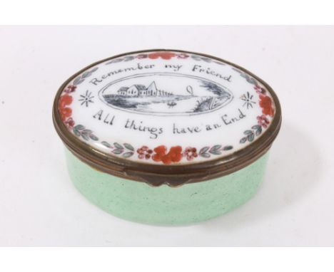 19th century enamel patch box with painted lid ' Remember my friend all things have an end ' 5.5cm
