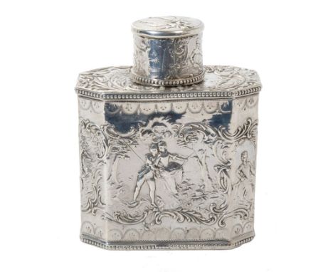 Late 19th century German silver tea caddy of tall octagonal form, with slip on cover and embossed decoration, depicting amoro