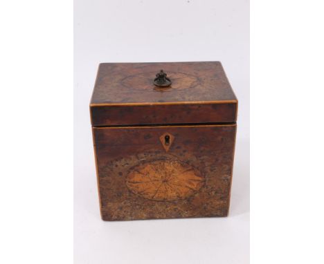 George III burr yew tea caddy of retangular form with fan inlay decoration 11.3 cm wide, 11.1cm high , 9.3cm deep.