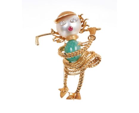 A French 18ct gold and multi-gem set novelty Golfer brooch, modelled as a figure in full swing, inset with green cabochon bod