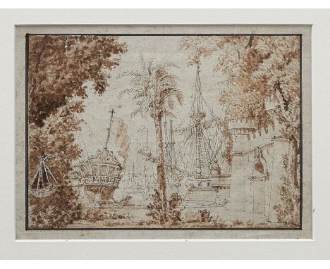 Early 18th century Italian school pencil, pen and brown ink and brown wash - a warship beached in the harbour at Genoa, in gl