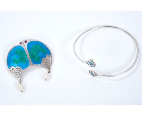 Liberty silver and enamel brooch with Arts &amp; Crafts style design suspending two cultured freshwater pearls, maker's marks
