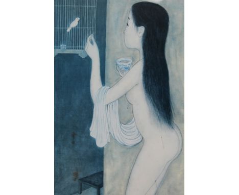 Mai Trung Thu (Vietnam 1906-1980) signed print - a girl and a bird cage, inscribed and signed in felt pen, in glazed frame, 5