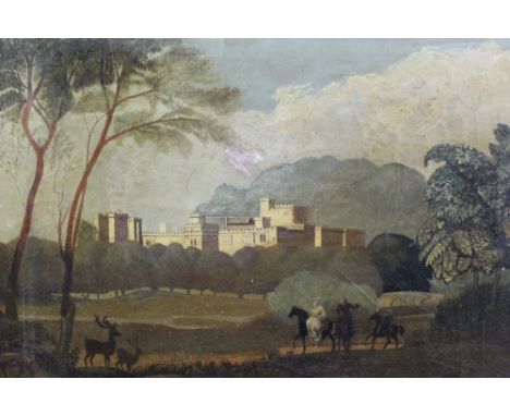 English School, 19th century, oil on canvas - A Hunting Party before a castle, framed, 30cm x 43cm
