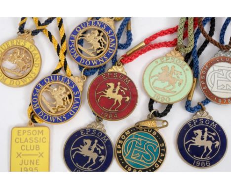 Collection of enamel racing badges for Epsom comprising: 1978, 1980, 1984, 1986 (x2), 1990, 1994 (x2) and 1995 (x2). Together