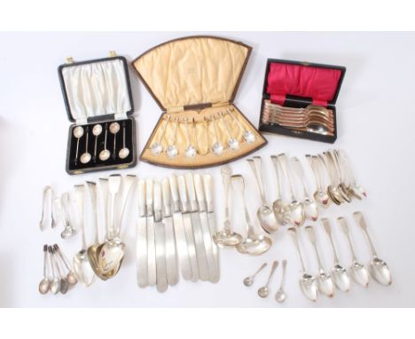 Selection of miscellaneous Georgian and later flatware, including five table spoons, three dessert spoons, two sauce ladles, 