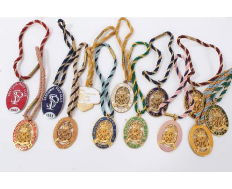 Collection of enamel racing badges for Sandown Park Club spanning 1987-1999 (13 items)