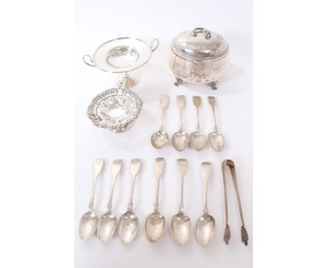 Selection of miscellaneous silver including, 10 fiddle pattern tea spoons, and two silver pedestal bon bon dishes (various da