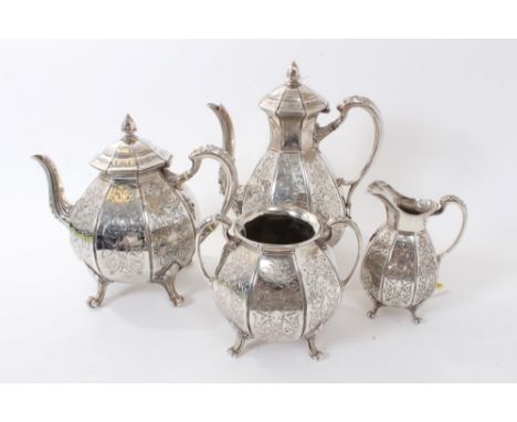 Victorian four piece silver plated tea set comprising, teapot of faceted form, with engraved Gothic style decoration, silver 