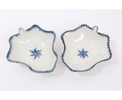 Pair 18th century Worcester porcelain pickle dishes with rare Single Flower print, moulded vine decoration on the bases, 8.5c