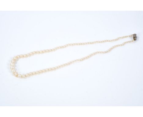 Cultured pearl necklace with a single string of graduated cultured pearls, measuring from 2.5mm - 7.2mm, on a diamond set cla