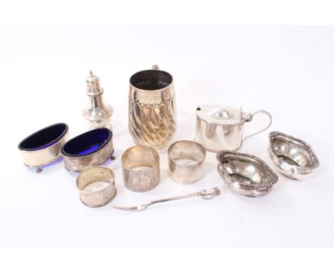 Selection of late 19th / early 20th century silver, including christening mug, various condiments, three napkin rings and a D