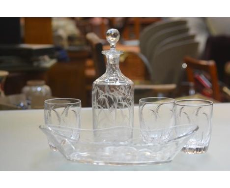 Three Stuart Elsmere pattern fern and leaf cut crystal tumblers (h.10cm), a navette shaped fruit dish with engraved flowers a