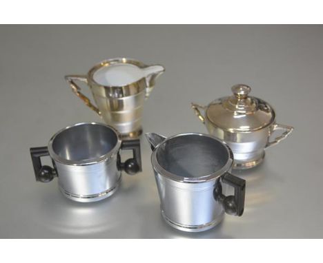 A Swan brand Mayfair chrome plated vintage 1950s sugar basin and cream ewer, and a Continental silvered porcelain two handled