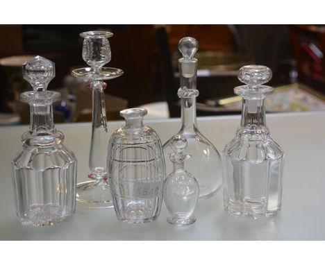 A tall handblown glass candlestick with pink glass dots and leaf decoration (h.28cm), a fluted crystal decanter with mushroom