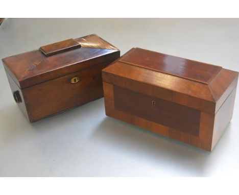 A 19thc rosewood sarcophagus tea caddy with twin brass ring handles to side, with fitted interior and a 19thc mahogany sarcop